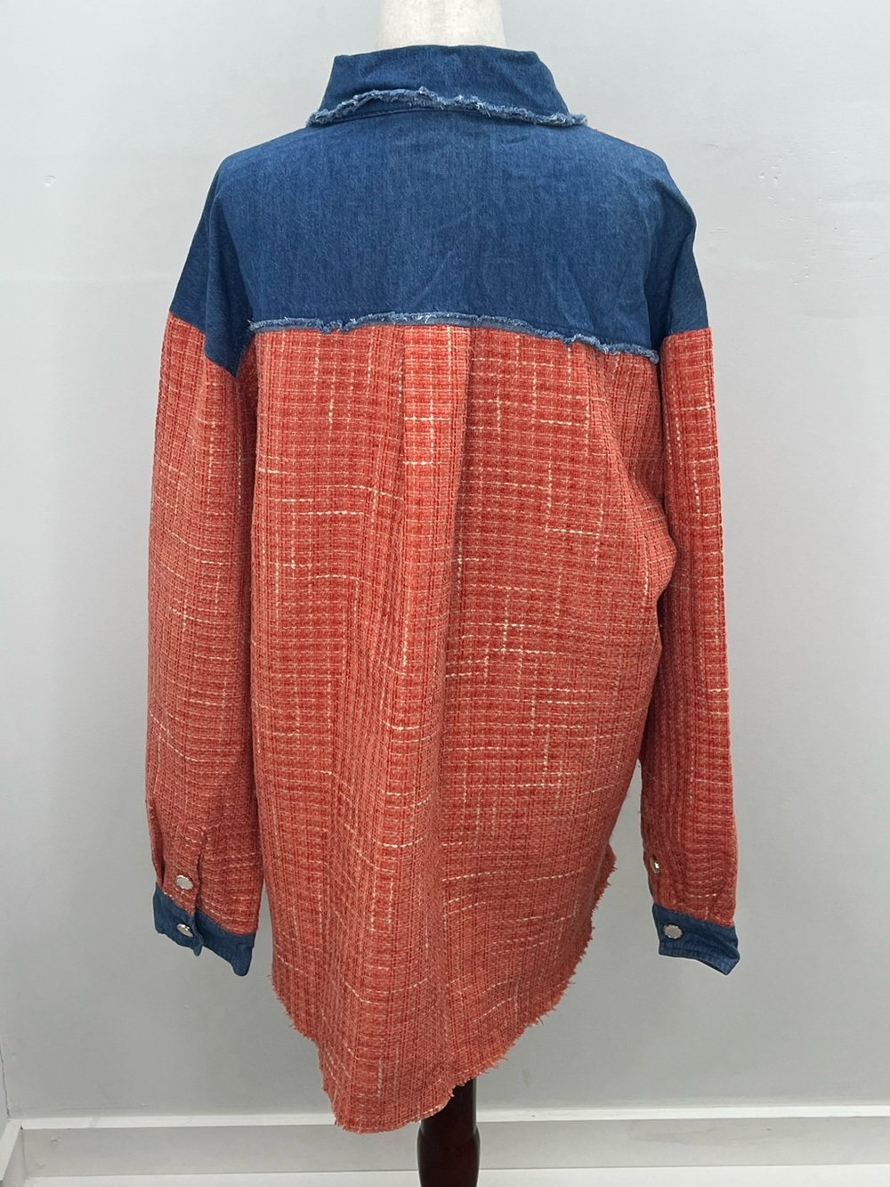 Umgee Rust Orange Denim Raw Edge Distressed Womens Shacket Shirt Medium - Picture 4 of 8